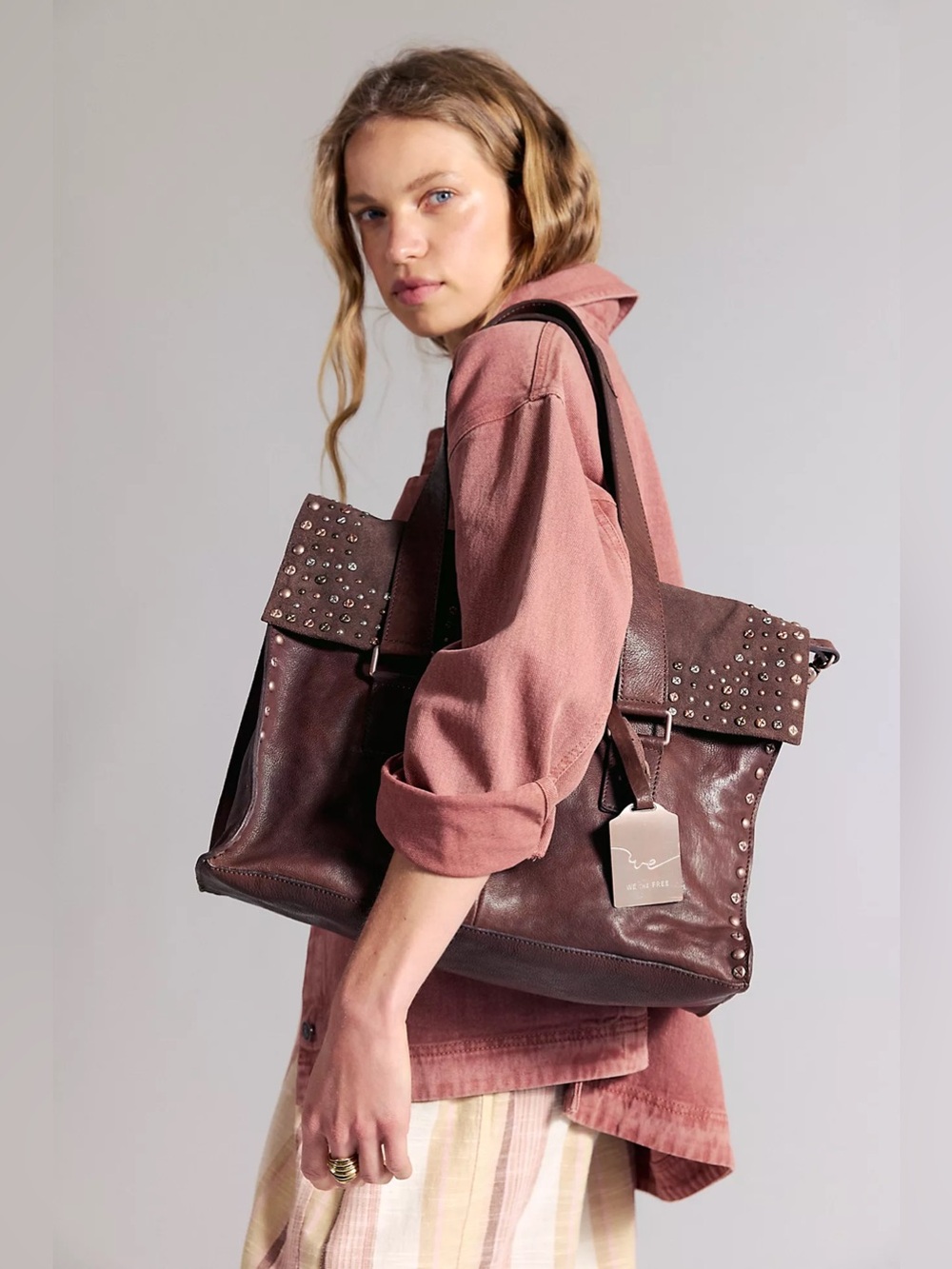 NWT We The Free Shay Stud Leather Tote ~ Espresso ~ STILL IN PACKAGING! Giftable - Picture 3 of 11